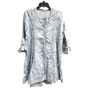 Blanco De Ibiza Isabel Tavares Linen Ruffle 3/4 Sleeve Dress Blue Made Italy XL*